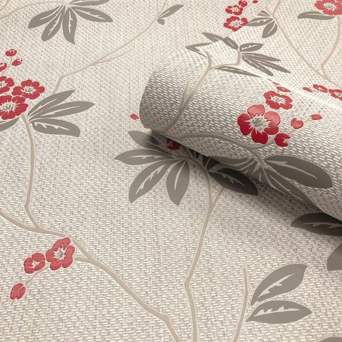 Amelie Blossom Beige / Red Wallpaper by Belgravia Decor 3022