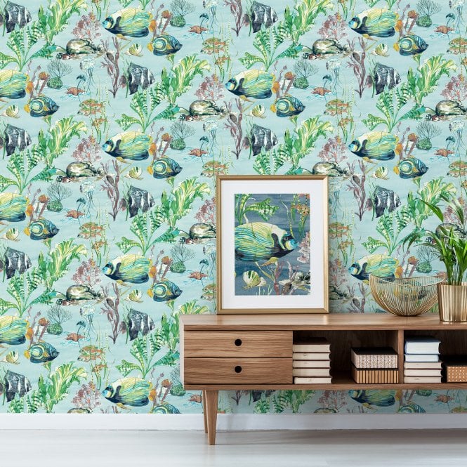 Aquarium Teal Wallpaper by Grandeco Life A61301