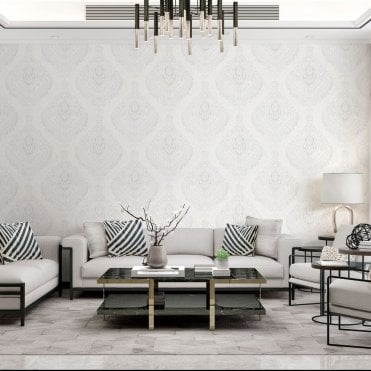 Sartoria Wallcoverings Room | Athena Damask Wallpaper White And Silver LT7701| Limetree