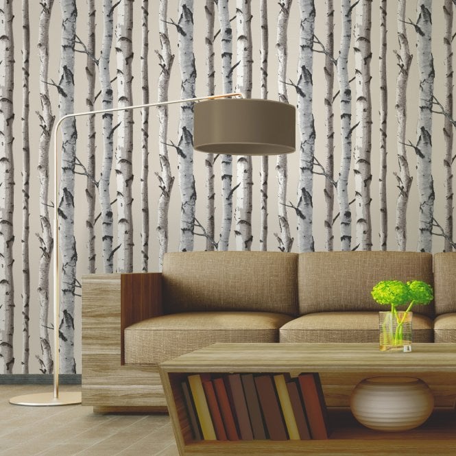 Birch Tree Heavyweight Wallpaper Natural by Fine Decor FD31051S