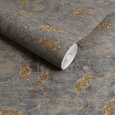 Boutique Ornamental Leaf Steel/Gold Heavyweight Vinyl Wallpaper by Graham & Brown 128796