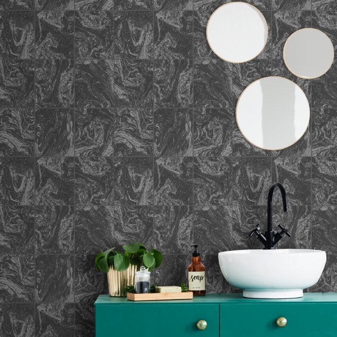 Contour Glitter Marble Tile Black Wallpaper by Graham & Brown 104880