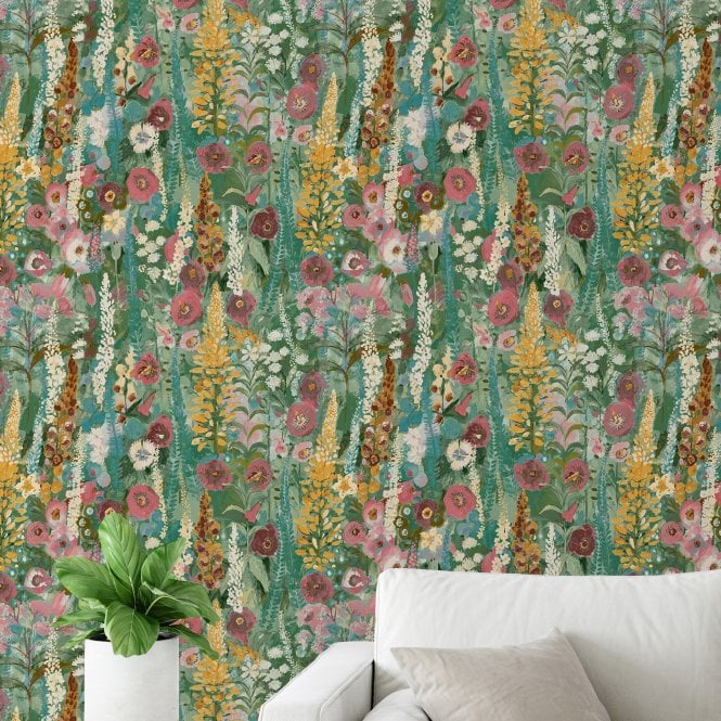 Delphinium Forest Watercolour Wallpaper Green / Pink by Grandeco Life A74601