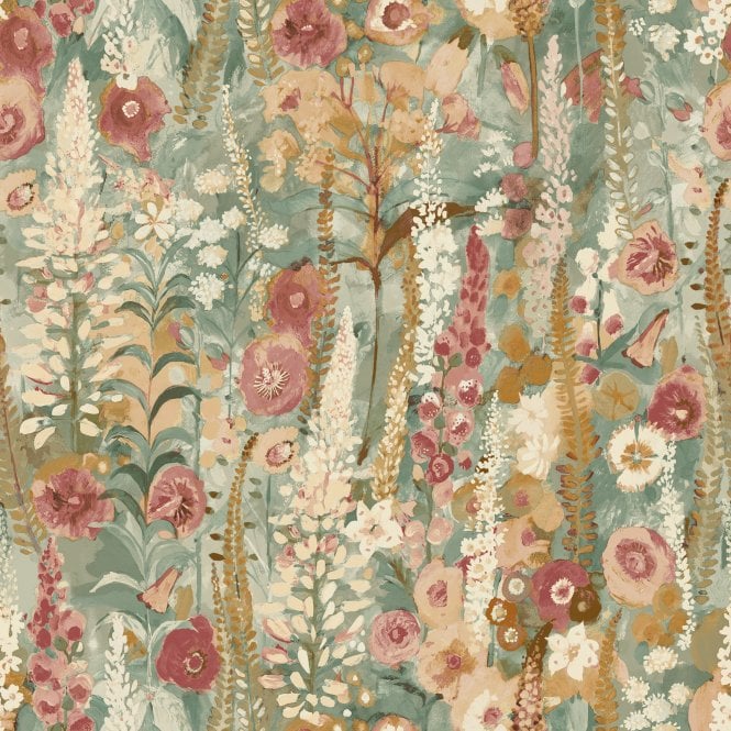 Delphinium Forest Watercolour Wallpaper Sage Green / Pink by Grandeco Life A74603