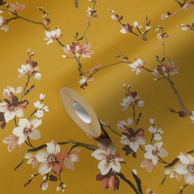 Desert Lodge Watercolour Blossom Rich Mustard Wallpaper by AS Creation 37993-1