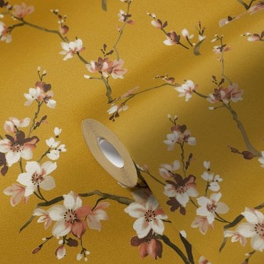 Desert Lodge Watercolour Blossom Rich Mustard Wallpaper by AS Creation 37993-1