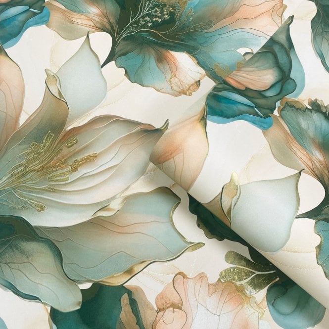 Elysian Floral Coral & Teal Wallpaper by Muriva 212505
