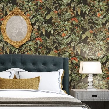 Design ID Room 2 | Birds Of Paradise Black / Green / Orange Wallpaper DE120015 | Embellish Wallstitch