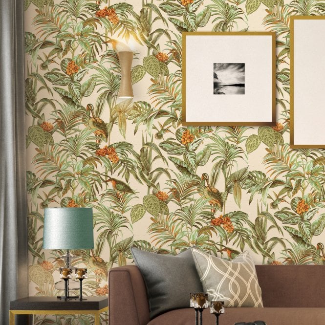 Embellish Wallstitch Birds of Paradise Green / Orange / Gold  Wallpaper by design id DE120013