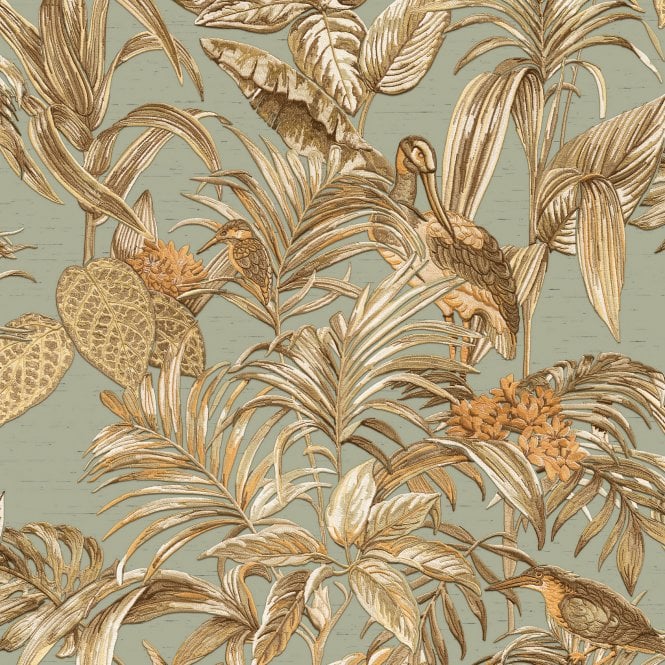 Embellish Wallstitch Birds of Paradise Teal & Gold Wallpaper by design id DE120017