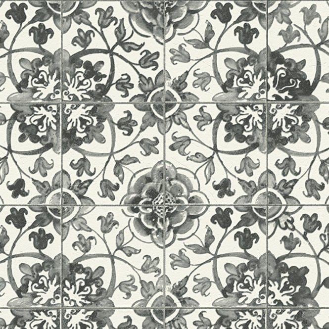 Faro 4 Mediterranean Tile Wallpaper in Black / White by A S Creation 96247-2