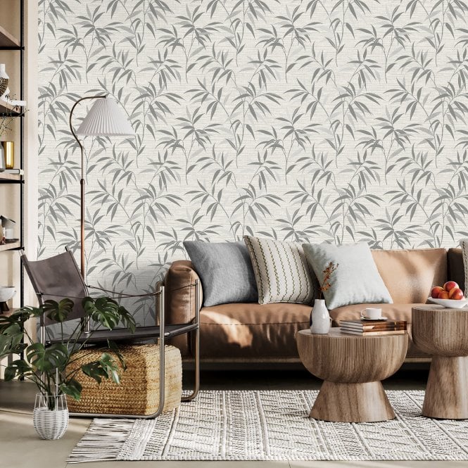 Fusion Grasscloth Leaf Trail Wallpaper Soft Grey by Crown M1771