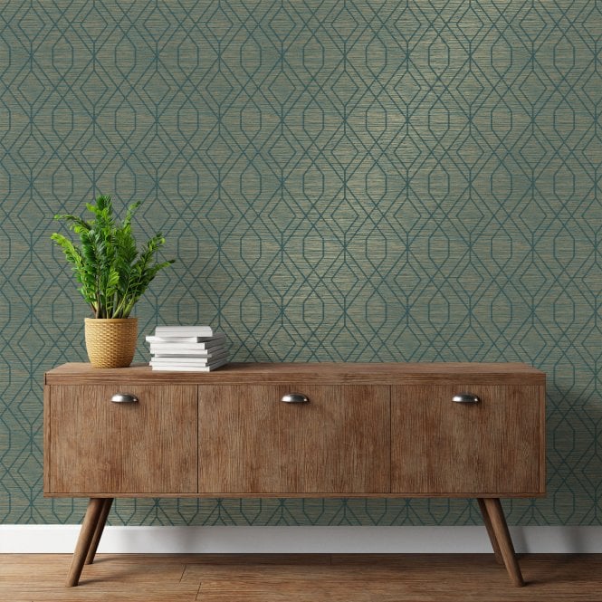 Fusion Grasscloth Trellis Wallpaper Teal by Crown M1773