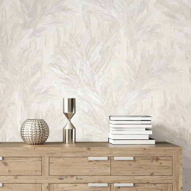 Gianni Trailing Feather Warm Ivory Wallpaper by Vymura M95693