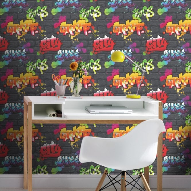 Kids Club Neon Graffiti Black Wallpaper by Rasch 237801