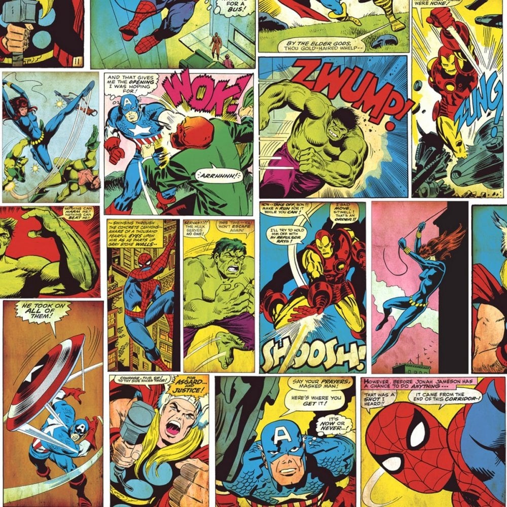 thumbnail image 2 of Marvel Heroes Comic Strip Wallpaper - Thor, Hulk, Captain America, Spiderman 2 of 6