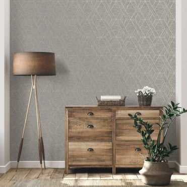 Fine Decor Room | Miya Geo Panel Textured Wallpaper Grey FD43152