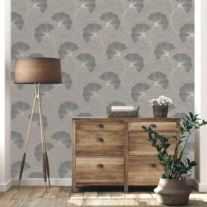 Miya Ginko Trail Textured Wallpaper Grey by Fine Decor FD43149