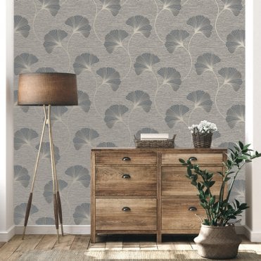 Fine Decor Room | Miya Ginko Trail Textured Wallpaper Grey FD43149