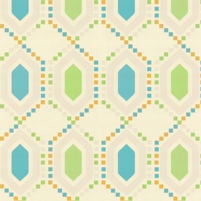 Mosaic Geometric Cream / Teal / Lime Cushion Vinyl Wallpaper by P+S International 45025-20