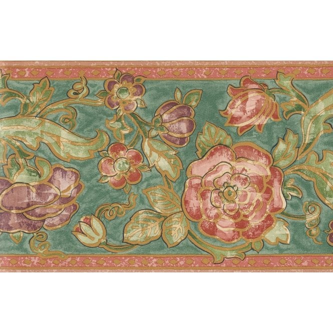 Palace Gardens Rosette Green / Orange 10 Metre Vinyl Border by Fine Decor B5247