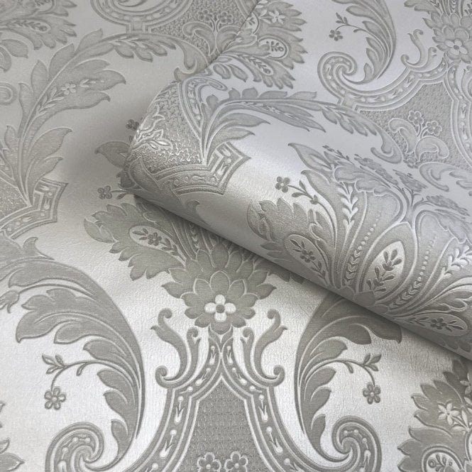 SAMPLE - Amara Damask Wallpaper Silver by Belgravia Decor GB 7370
