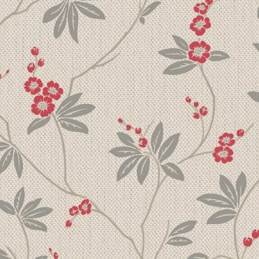 SAMPLE - Amelie Blossom Beige / Red Wallpaper by Belgravia Decor 3022