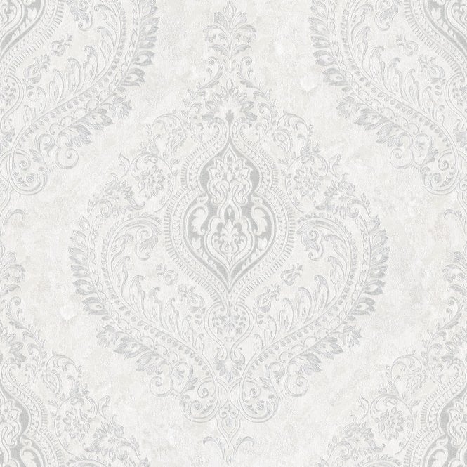 SAMPLE - Athena Damask Wallpaper White and Silver by Sartoria LT7701
