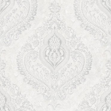 SAMPLE - Athena Damask Wallpaper White and Silver by Sartoria LT7701