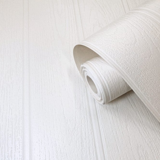 SAMPLE - Beaded Wood Panel Texture White Blown Vinyl Wallpaper by Belgravia 5844