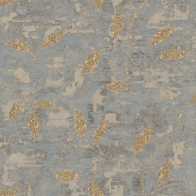 SAMPLE - Boutique Ornamental Leaf Steel/Gold Heavyweight Vinyl Wallpaper by Graham & Brown 128796