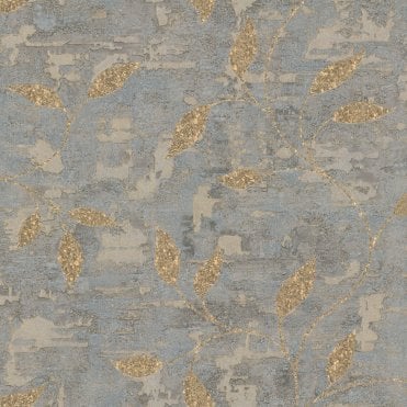 SAMPLE - Boutique Ornamental Leaf Steel/Gold Heavyweight Vinyl Wallpaper by Graham & Brown 128796