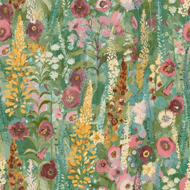 SAMPLE - Delphinium Forest Watercolour Wallpaper Green / Pink by Grandeco Life A74601