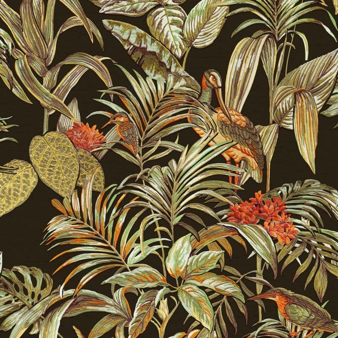 SAMPLE - Embellish Wallstitch Birds of Paradise Black / Green / Orange Wallpaper by design id DE120015