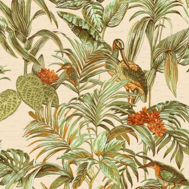 SAMPLE - Embellish Wallstitch Birds of Paradise Green / Orange / Gold  Wallpaper by design id DE120013