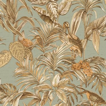 SAMPLE - Embellish Wallstitch Birds of Paradise Teal & Gold Wallpaper by design id DE120017