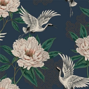 SAMPLE - Flying Cranes Navy Wallpaper by Grandeco Life 178301