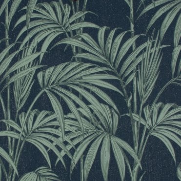 SAMPLE - Honolulu Palm Navy / Green Glitter Wallpaper by Julien Macdonald 112086