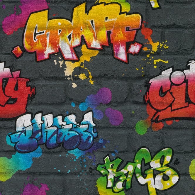 SAMPLE - Kids Club Neon Graffiti Black Wallpaper by Rasch 237801