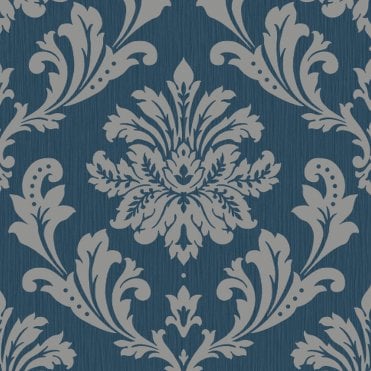 SAMPLE - Louise Damask Navy Wallpaper by Grandeco Life A53801