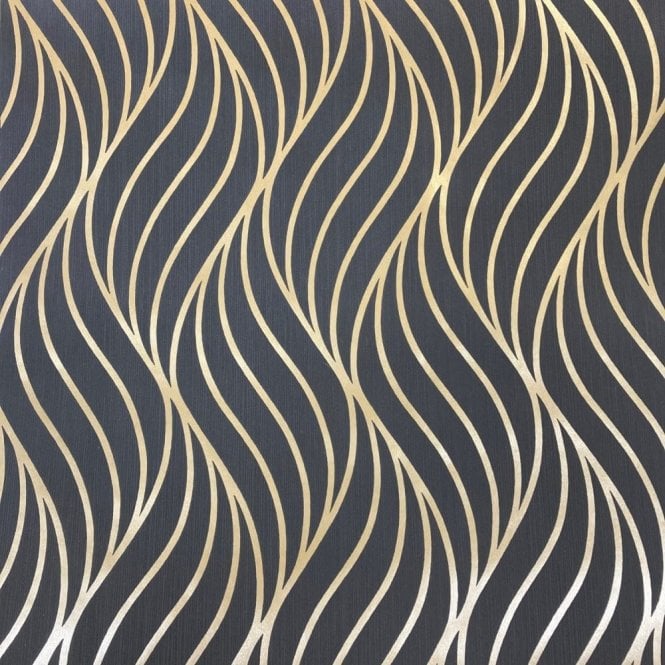 SAMPLE - Maddox Geometric Wave Black & Gold Statement Wallpaper by Holden 65263