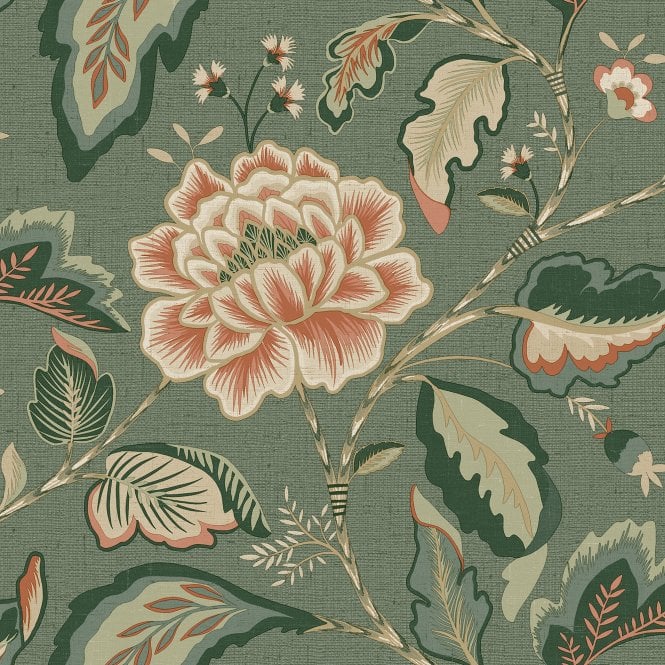 SAMPLE - Maya Jacobean Floral Trail Wallpaper Dark Green by Belgravia Decor 1721