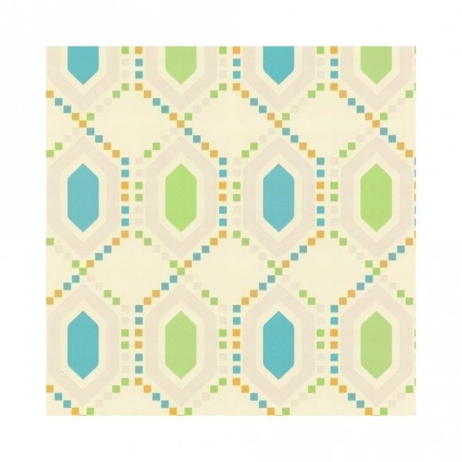 SAMPLE - Mosaic Geometric Cream / Teal / Lime Cushion Vinyl Wallpaper by P+S International 45025-20