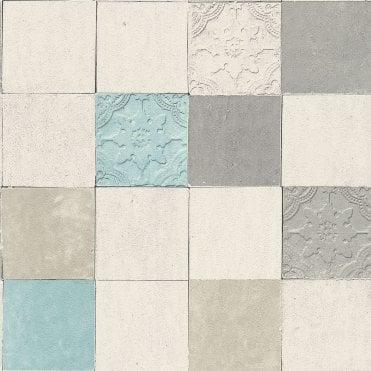 SAMPLE - New Walls Vintage Tiles Grey / Aqua Wallpaper by AS Creation 37406-1