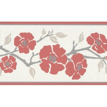 SAMPLE - Only Borders Floral Branch Red / Grey Self Adhesive Border by AS Creation 3843-24
