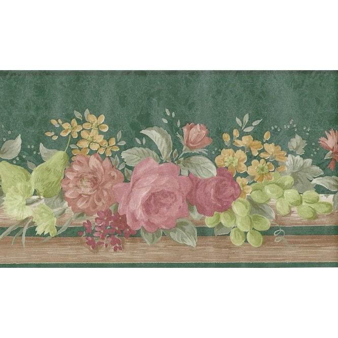 SAMPLE - Palace Gardens Flowers and Fruit Green 10 Metre Border by Fine Decor B5252
