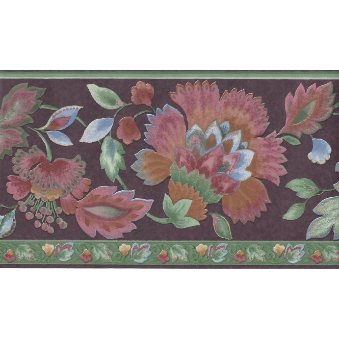 SAMPLE - Palace Gardens Jacobean Floral Plum / Burgundy 10 Metre Border by Fine Decor B5251
