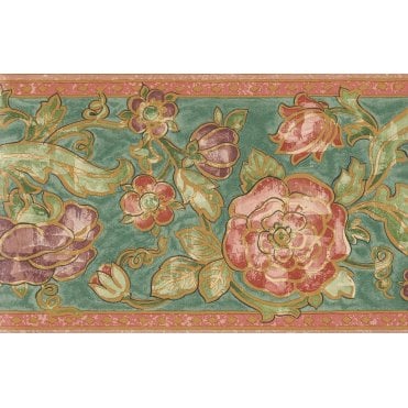 SAMPLE - Palace Gardens Rosette Green / Orange 10 Metre Vinyl Border by Fine Decor B5247