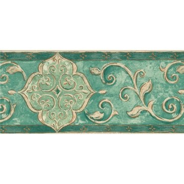SAMPLE - Palazzo Arabesque Scrolls Green / Cream Border by Coloroll 355786
