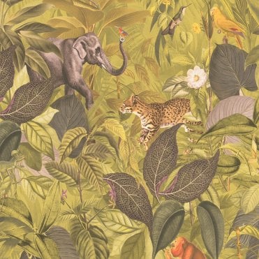 SAMPLE - Pint Walls Animal Jungle Green / Yellow Wallpaper by AS Creation 38724-2